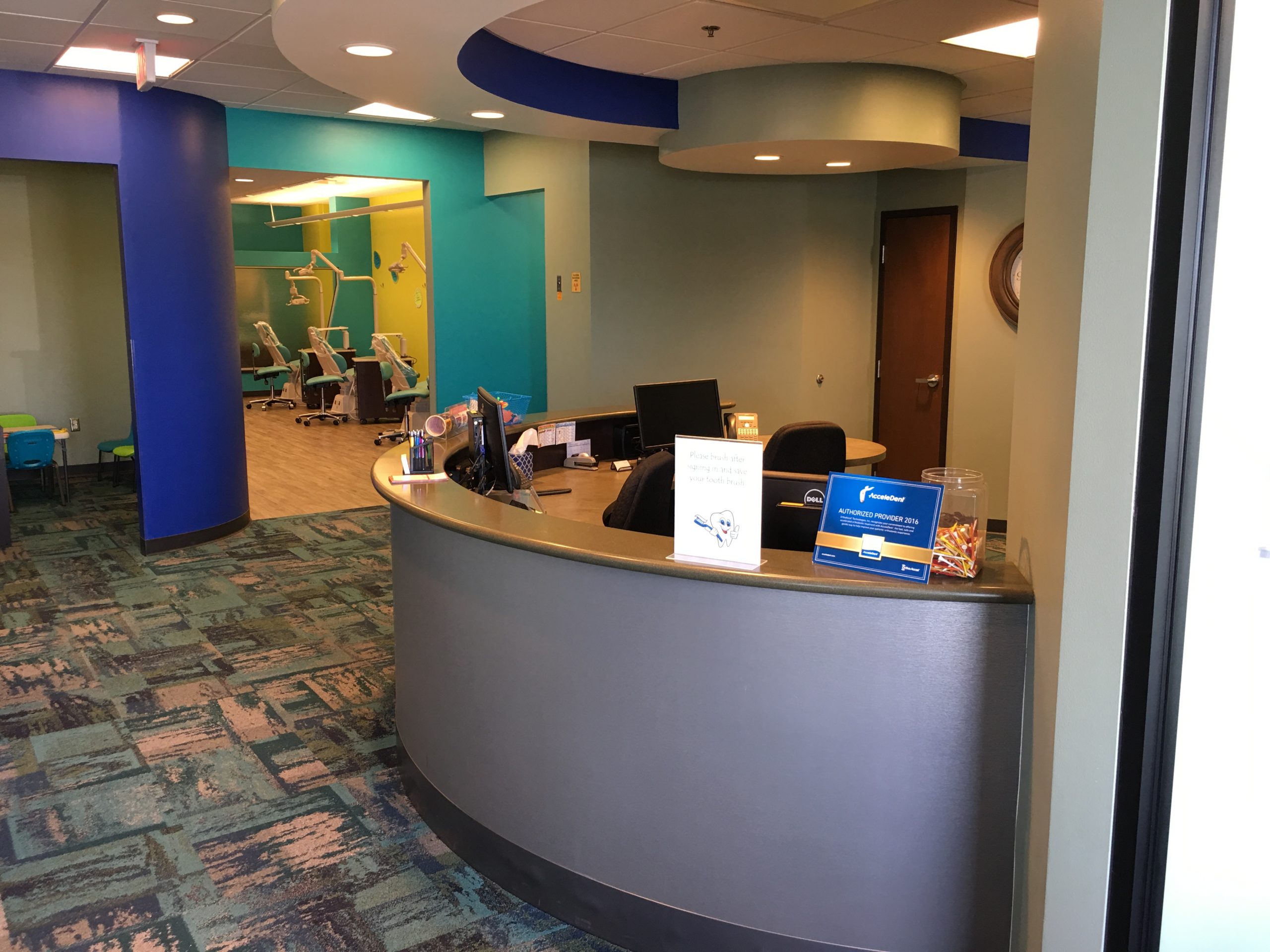 Colorful dental reception area.