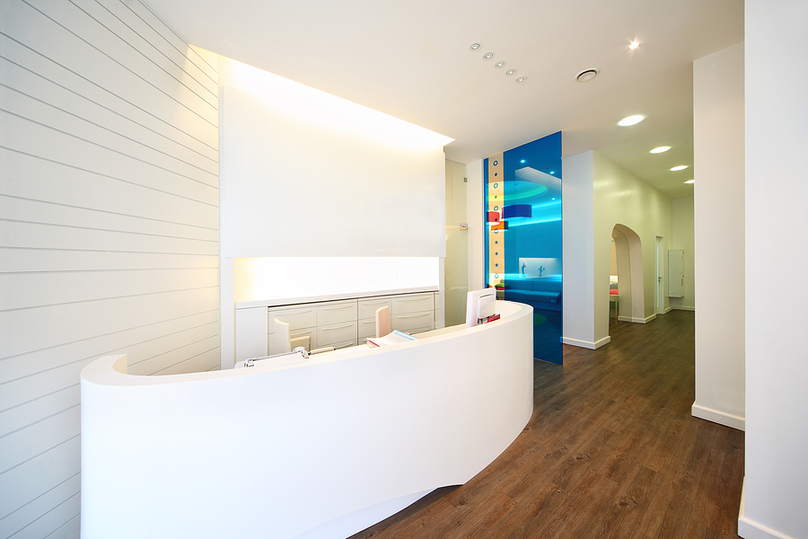Well lit reception area in a dental office.