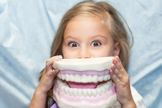 girl holding oversized tooth mold in pediatric dental office